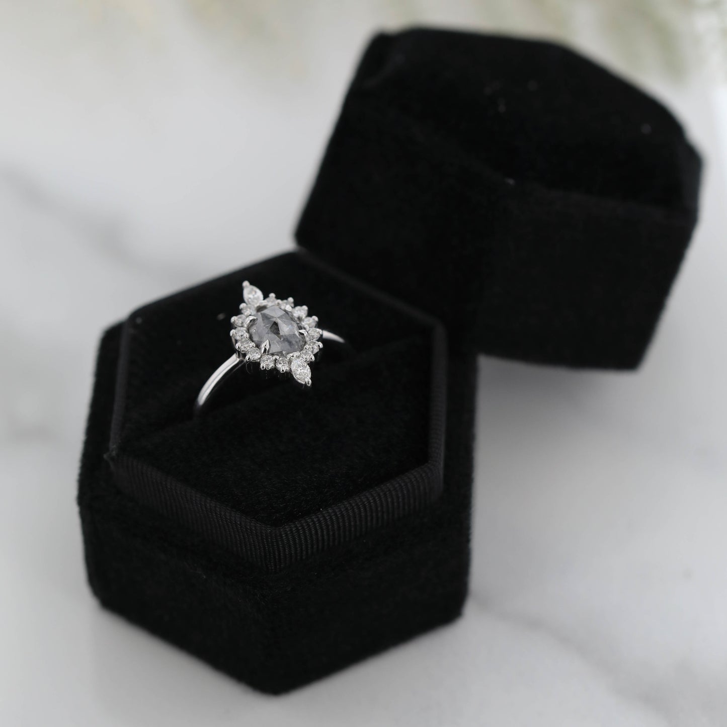 The Saturn | 14k | White | Size 8.5 | Stone Moissanite | Oval | 7x5mm | Black Ring Box | Custom Engraving: +$0