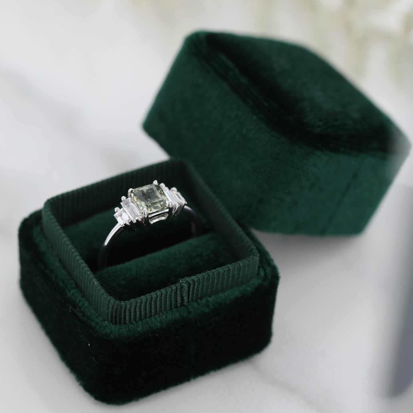 The Vega | 14k | White | Size 7.75 | Stone SA69 | Green Ring Box | Custom Engraving: +$0