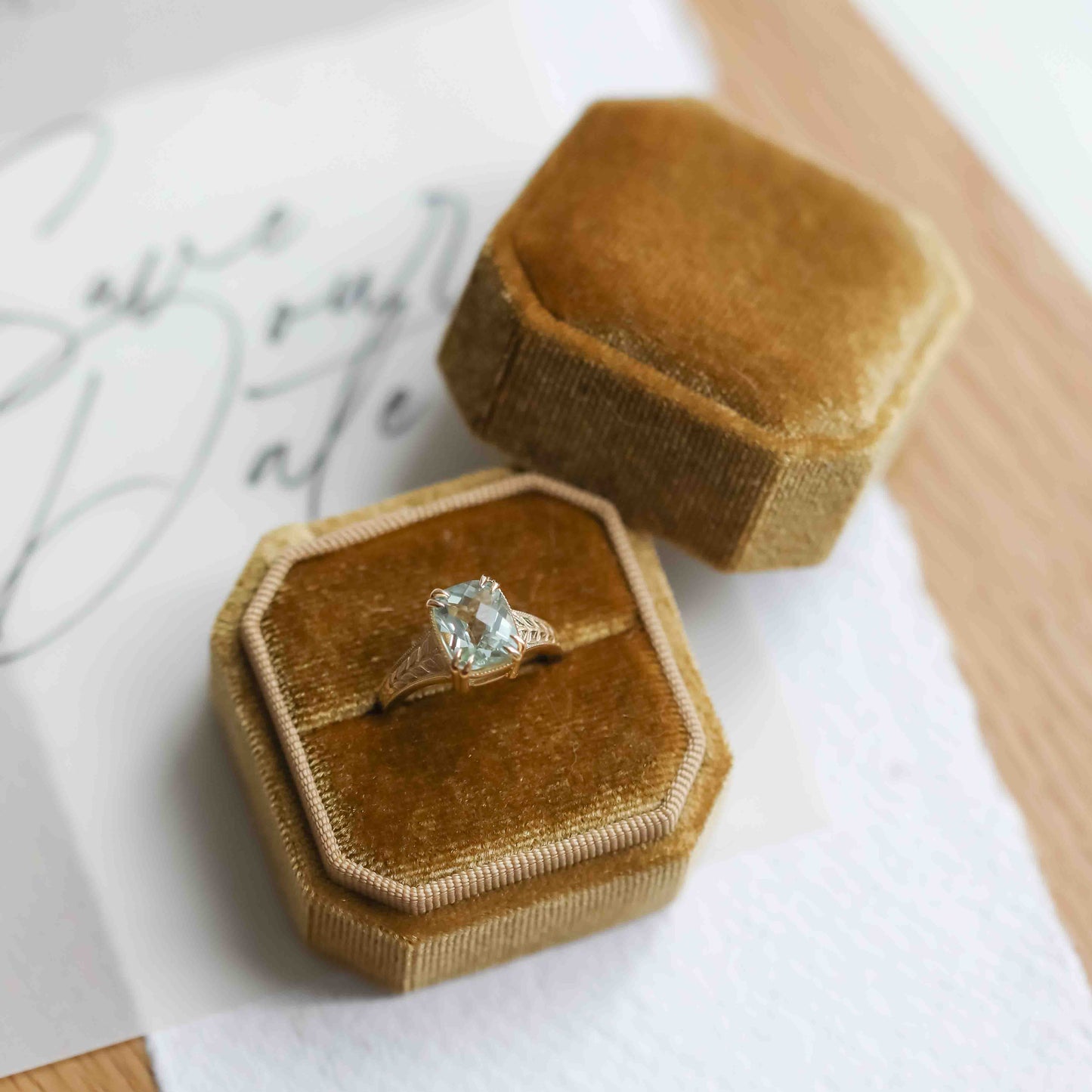 The Vega | 14k | White | Size 6.25 | Stone MOS133 | Apricot Ring Box | Custom Engraving:  +$0