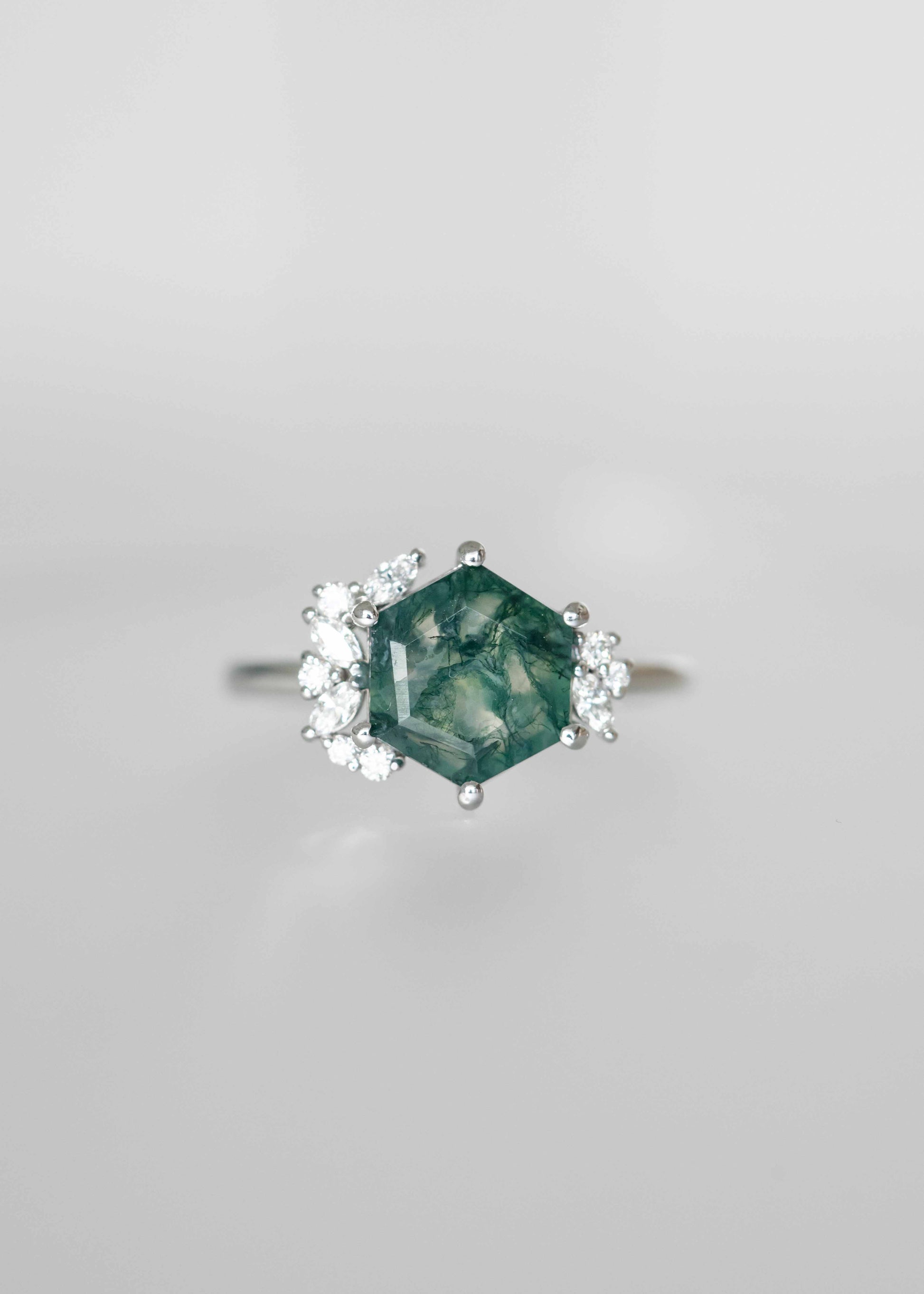 hexagon moss agate engagement ring, 14K white gold engagement ring, nature inspired ring, marquise diamond cluster ring, Talia setting, alternative engagement ring, botanical moss agate ring, moody gemstone ring, ethical engagement ring