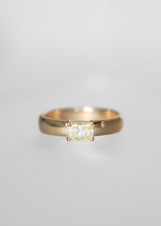 yellow diamond engagement ring, radiant cut diamond ring, minimalist engagement ring, bold gold ring, gender neutral engagement ring, thick band solitaire, contemporary yellow gold ring, ethical diamond ring