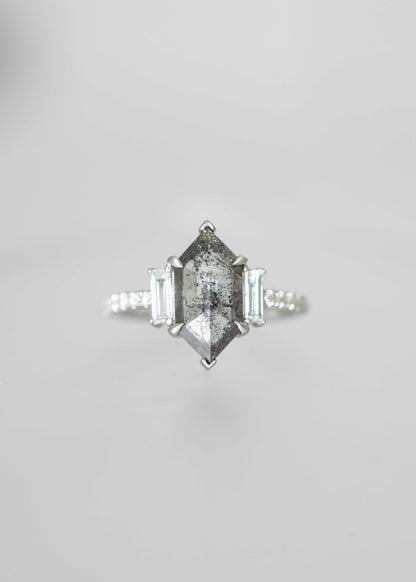 salt and pepper diamond engagement ring, baguette accent ring, 18K white gold solitaire, modern hexagon diamond ring, alternative engagement ring, pave band ring, edgy bridal ring, custom salt and pepper diamond