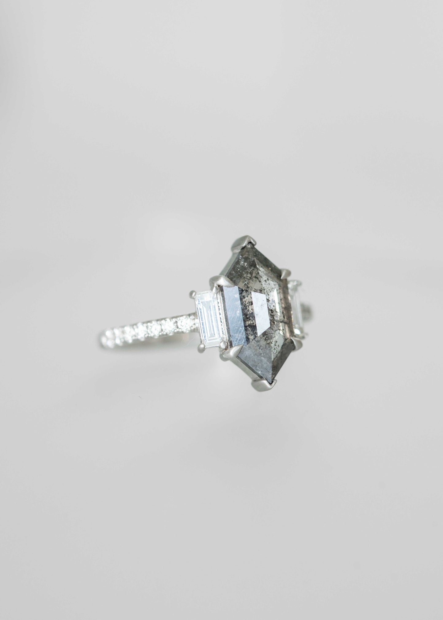 Accented Solitaire | 1.55 Elongated Hexagon Salt and Pepper Diamond | 18k White Gold