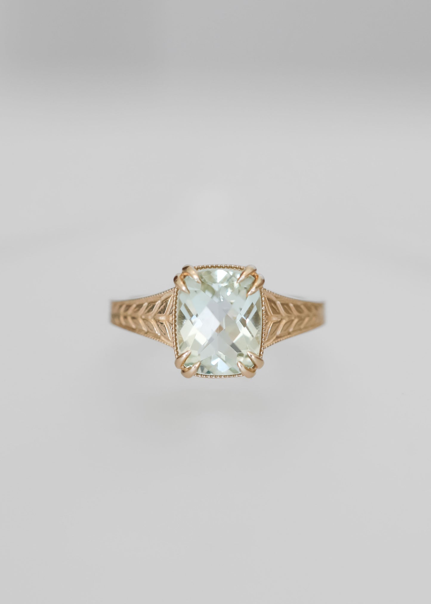 green amethyst engagement ring, Sage setting, 14K yellow gold vintage ring, cushion cut green amethyst, nature-inspired engagement ring, antique style ring, wheat engraved ring, alternative bridal jewelry