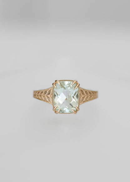 green amethyst engagement ring, Sage setting, 14K yellow gold vintage ring, cushion cut green amethyst, nature-inspired engagement ring, antique style ring, wheat engraved ring, alternative bridal jewelry