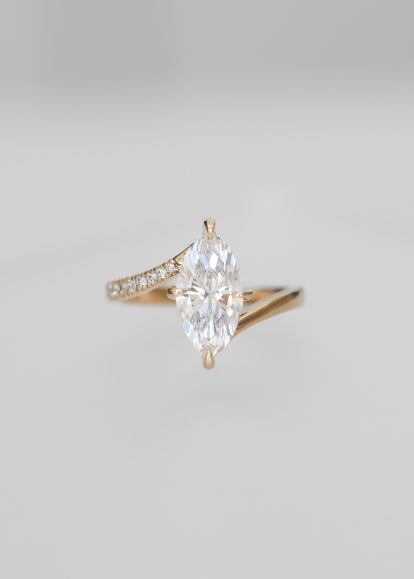 lab grown marquise diamond ring, twisted band engagement ring, yellow gold Juno ring, modern marquise solitaire, alternative engagement ring, asymmetrical bridal ring, gender neutral engagement ring