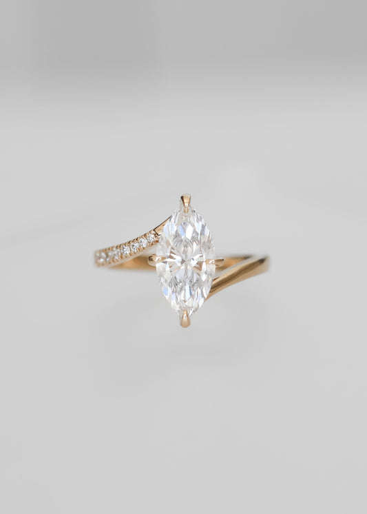 lab grown marquise diamond ring, twisted band engagement ring, yellow gold Juno ring, modern marquise solitaire, alternative engagement ring, asymmetrical bridal ring, gender neutral engagement ring