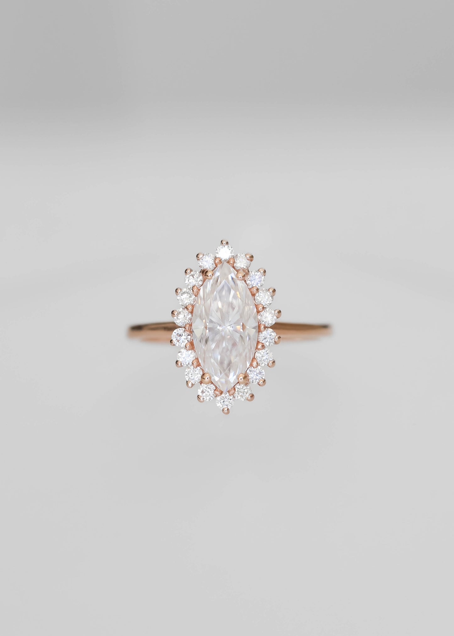 marquise moissanite engagement ring, halo moissanite ring, 14K rose gold engagement ring, vintage-inspired moissanite ring, alternative bridal jewelry, Soleil setting, diamond halo ring, nontraditional engagement ring
