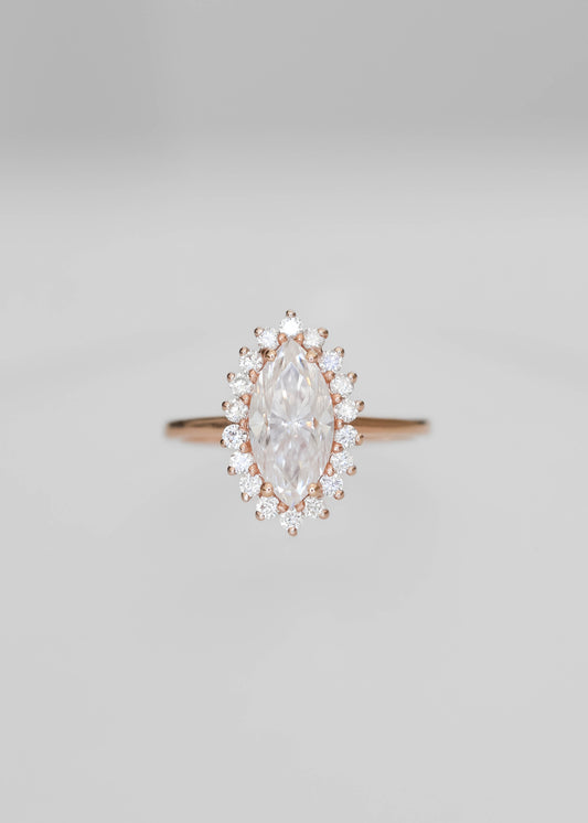 marquise moissanite engagement ring, halo moissanite ring, 14K rose gold engagement ring, vintage-inspired moissanite ring, alternative bridal jewelry, Soleil setting, diamond halo ring, nontraditional engagement ring