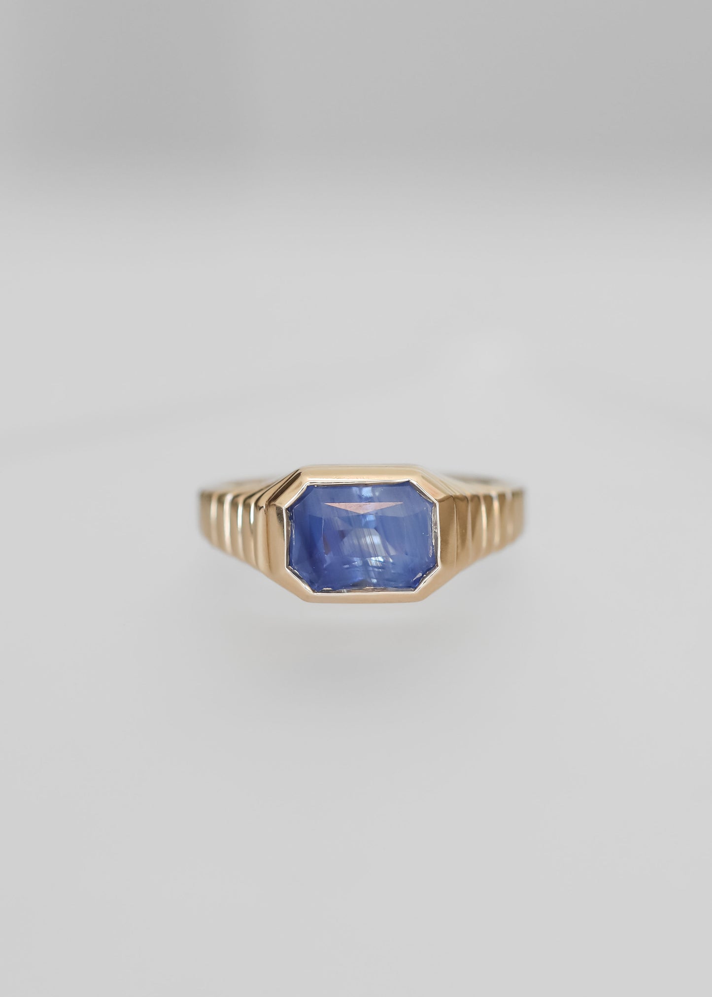 sapphire engagement ring, Ribbed Vulcan setting, 14K yellow gold sapphire ring, sculptural bezel ring, modern deco engagement ring, alternative engagement ring, gender-inclusive ring, ethical gemstone ring