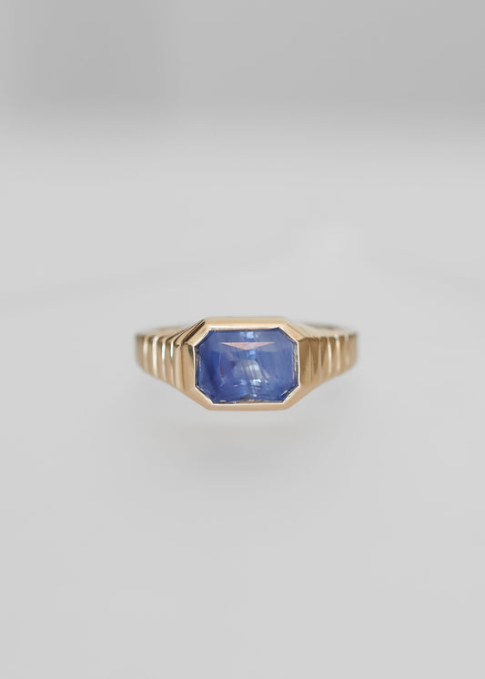 sapphire engagement ring, Ribbed Vulcan setting, 14K yellow gold sapphire ring, sculptural bezel ring, modern deco engagement ring, alternative engagement ring, gender-inclusive ring, ethical gemstone ring