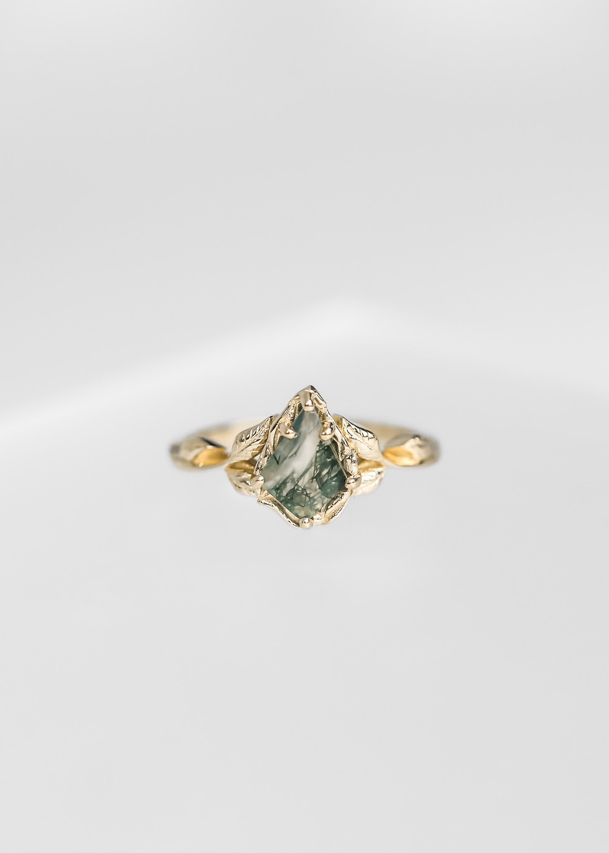 kite moss agate ring, unique moss agate engagement ring, 14k yellow gold agate ring, Mira setting, sculptural engagement ring, nature inspired jewelry, bohemian engagement ring, whimsical engagement ring
