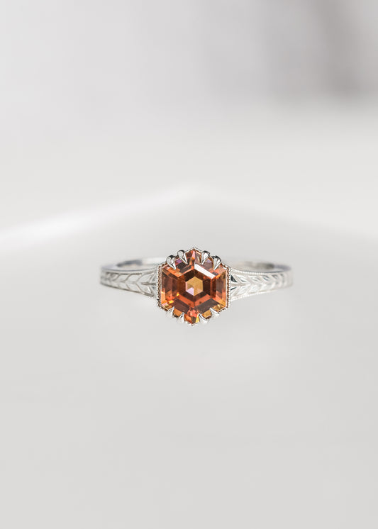mystic topaz engagement ring, hexagon topaz ring, Sage setting ring, 14k white gold engraved band, geometric gemstone ring, unique engagement ring, gender neutral engagement ring, vintage inspired ring