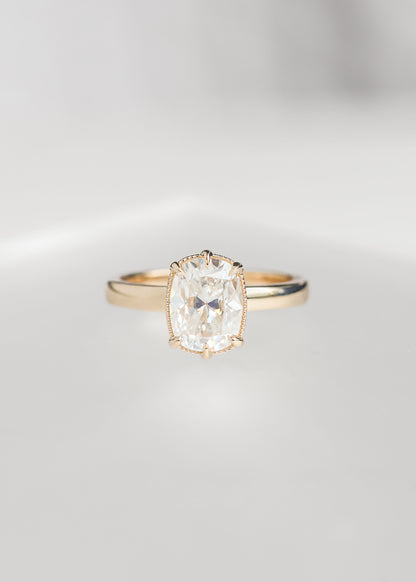 cushion cut moissanite ring, 14k yellow gold engagement ring, elongated cushion ring, Maeve setting ring, ethical moissanite engagement ring, handcrafted engagement ring, minimal engagement ring, modern cushion ring, non traditional engagement ring, gender neutral ring design