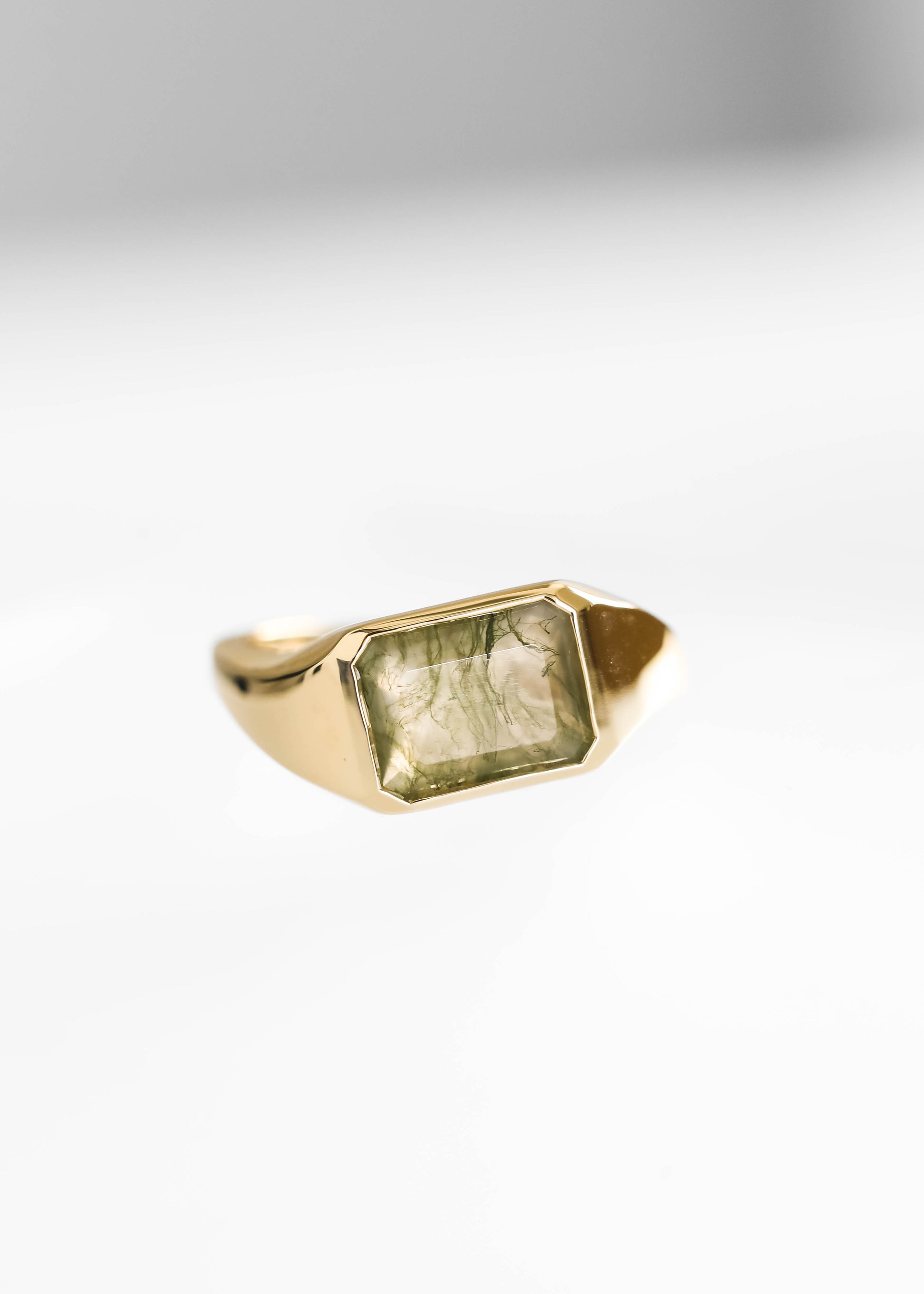 moss agate engagement ring, emerald cut moss agate ring, 14k yellow gold engagement ring, Apollo setting ring, alternative engagement ring, sculptural gold ring, nature inspired bridal ring, unique moss agate ring