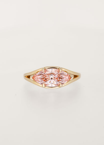 Unique east west marquise cut pink lab grown diamond engagement ring in 14K yellow gold with a split shoulder band