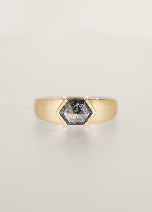 Gender neutral masculine east west hexagon salt and pepper diamond engagement ring in 14K yellow gold with a wide domed band and half bezels