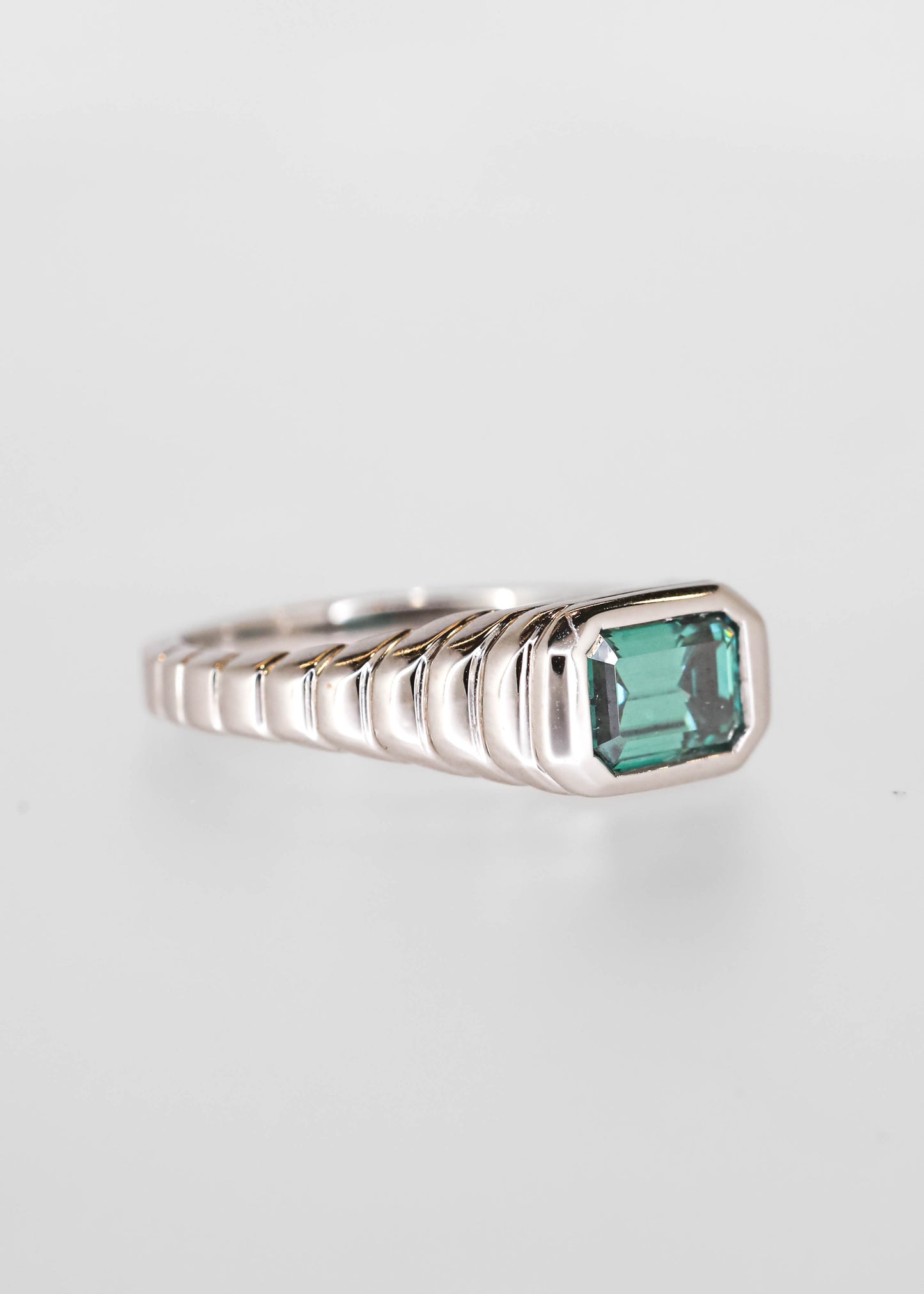 The Ribbed Vulcan | 1.11ct Emerald Teal Moissanite | White Gold