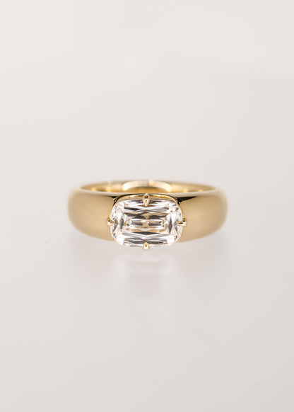 Gender neutral east west ashoka cut lab grown diamond engagement ring in 14K yellow gold with a chunky domed band and compass prongs