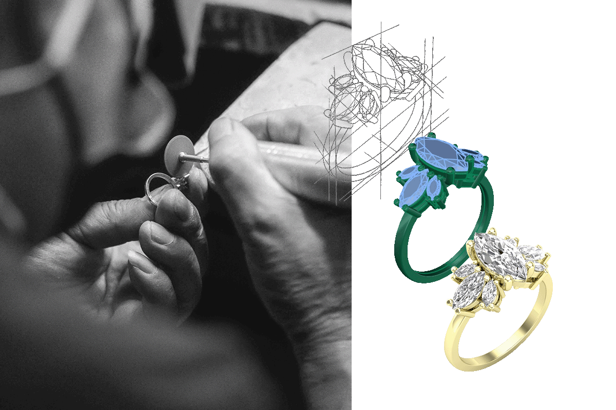 A split-image showcases the process of designing and creating a custom engagement ring. On the left, a black-and-white photo captures a skilled artisan polishing a ring, emphasizing precision craftsmanship. On the right, a digital design progression is displayed: a 3D CAD model of the ring with green and blue elements, followed by the finalized, vibrant yellow gold ring set with sparkling marquise and pear-shaped diamonds. Sketches of the ring design overlay the image, symbolizing the creative journey from 