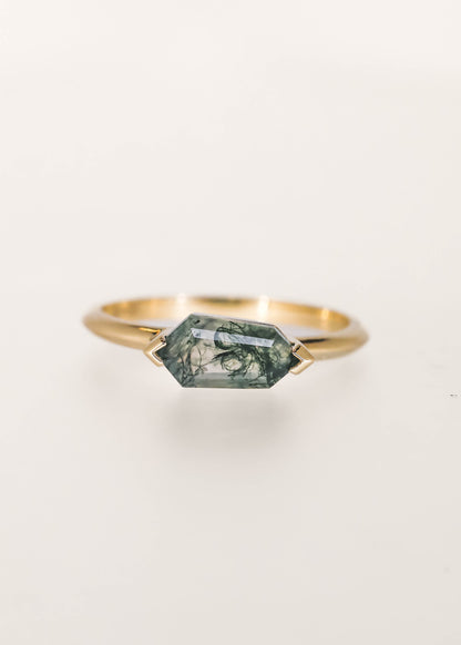 Minimal east west shield cut moss agate engagement ring in 14K yellow gold with half bezel setting