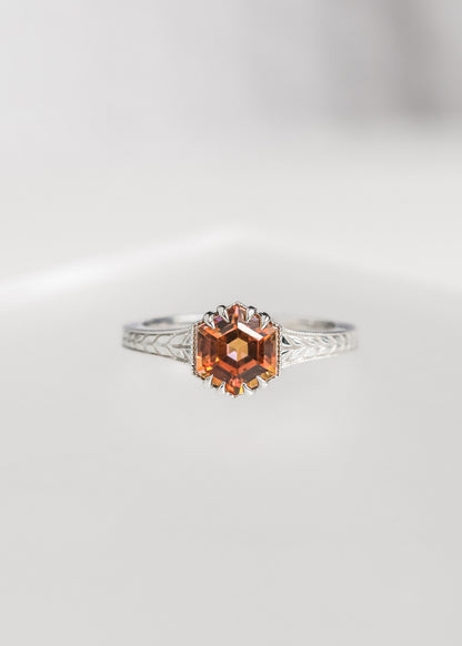 Hexagon cut mystic topaz engagement ring in 14K white gold with milgrain and an engraved wheat band