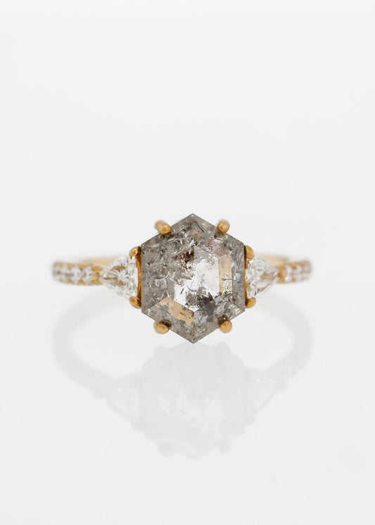 hexagon salt and pepper diamond ring, 18K yellow gold engagement ring, unique solitaire setting, trillion diamond ring, geometric engagement ring, modern alternative bridal jewelry, ethical salt and pepper diamond