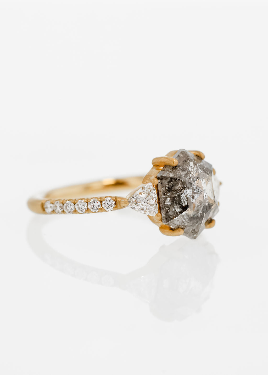 Accented Solitaire | 1.81ct Hexagon Salt and Pepper Diamond | 18k Yellow Gold