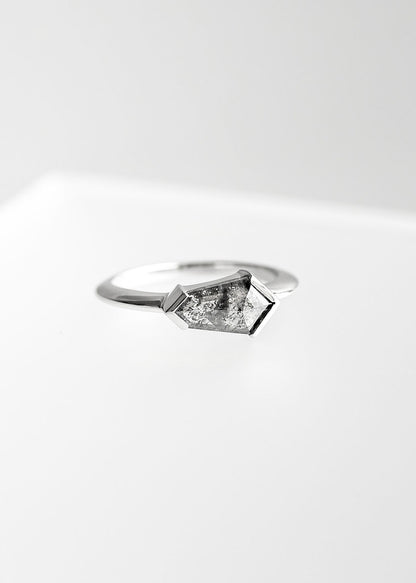 Gender neutral east west kite cut salt and pepper diamond engagement ring in 14K white gold with half bezel setting