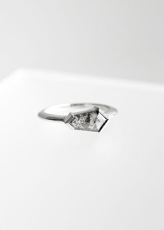 Gender neutral east west kite cut salt and pepper diamond engagement ring in 14K white gold with half bezel setting