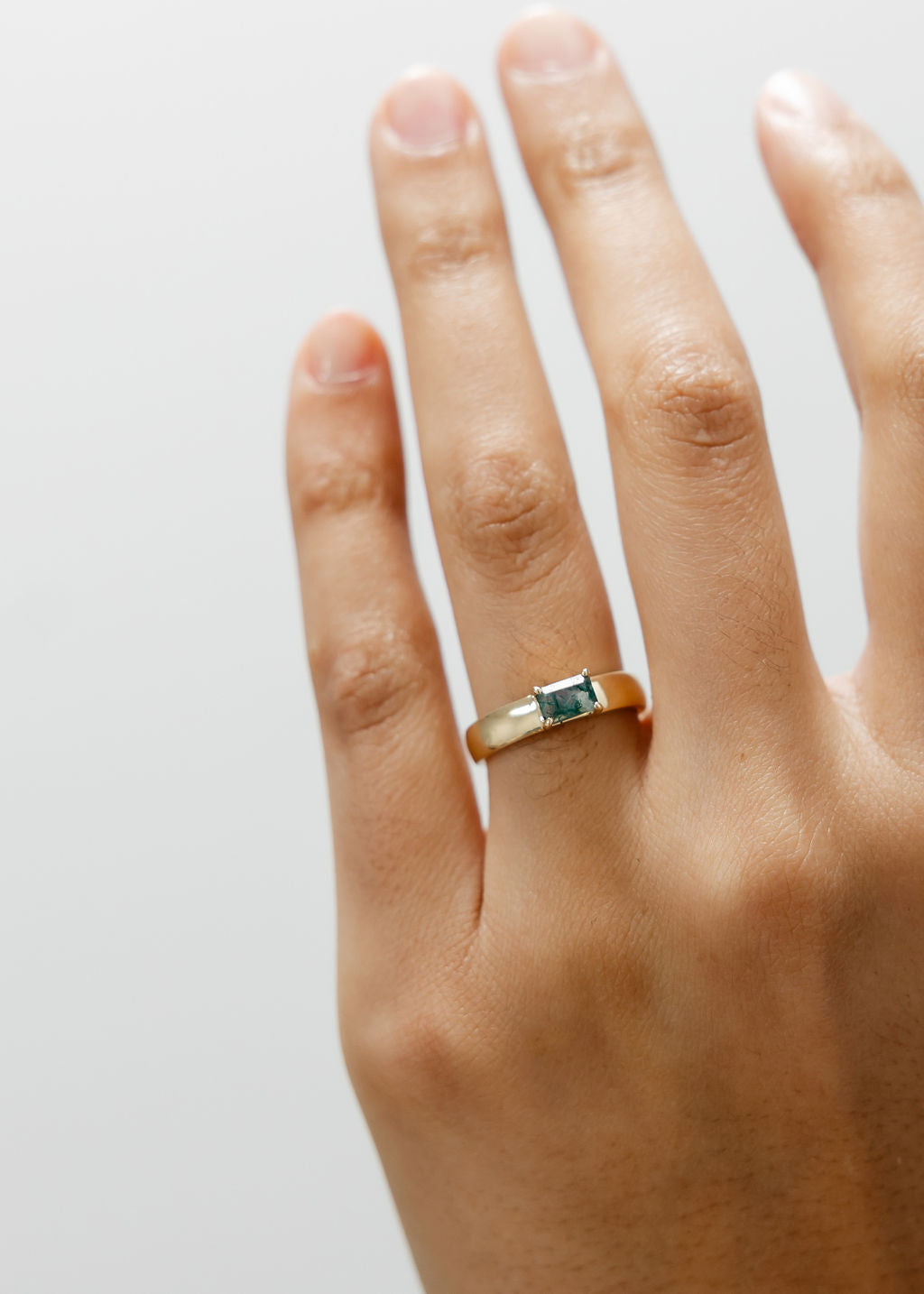 The Nox | .65ct Emerald Cut Moss Agate | Yellow Gold