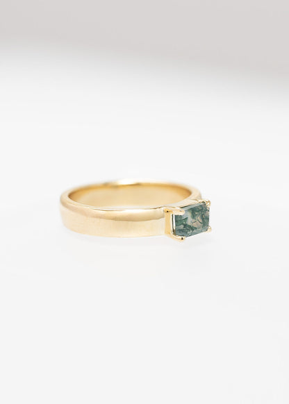 The Nox | .65ct Emerald Cut Moss Agate | Yellow Gold