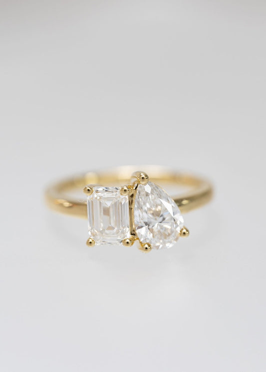 The Vela Ring | 1.03ct Lab-Grown Emerald Cut + 1.02ct Lab-Grown Pear | Yellow Gold