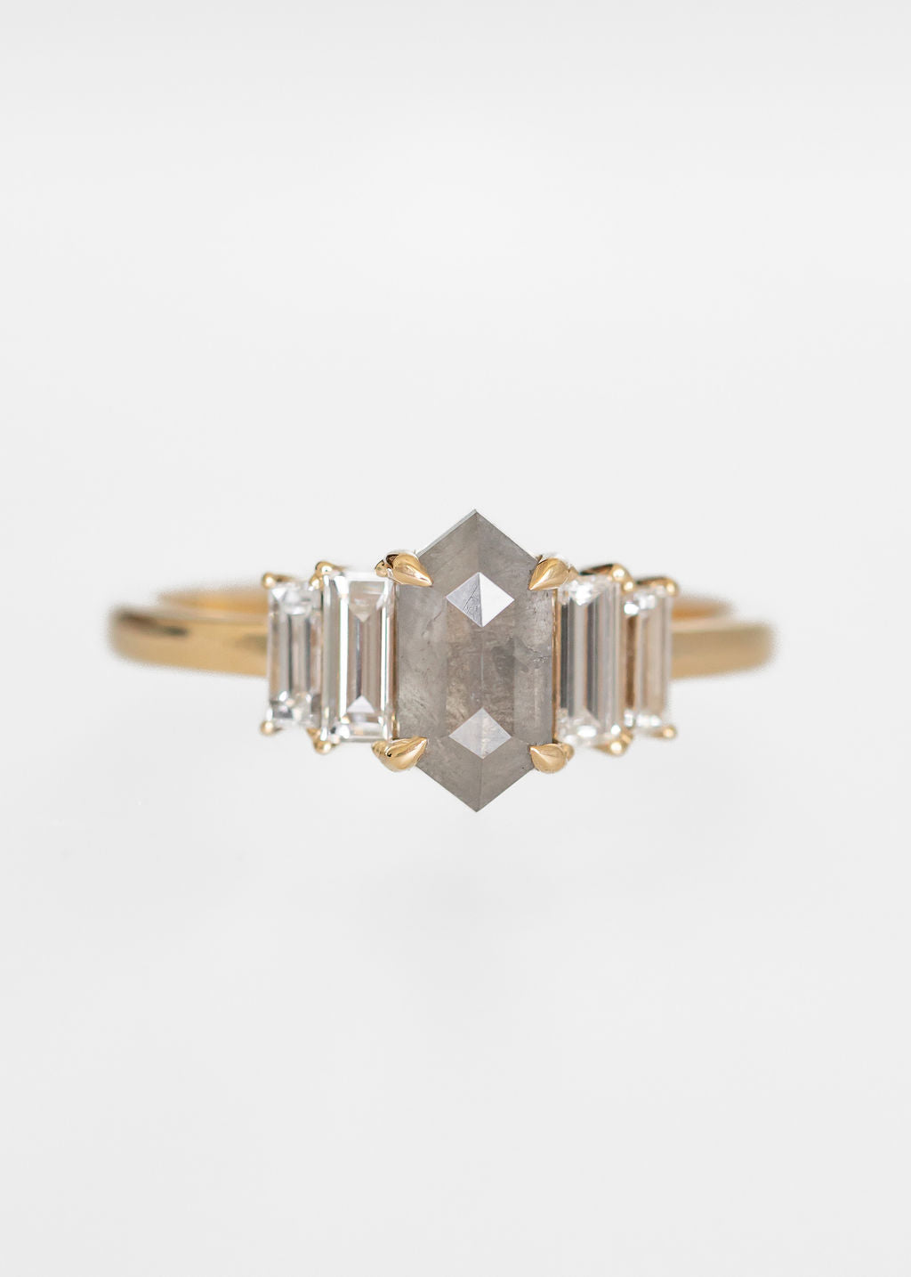 hexagon salt and pepper diamond ring, 14K yellow gold engagement ring, baguette diamond cluster ring, alternative bridal jewelry, art deco engagement ring, geometric diamond ring, ethical salt and pepper diamond, Portia setting ring