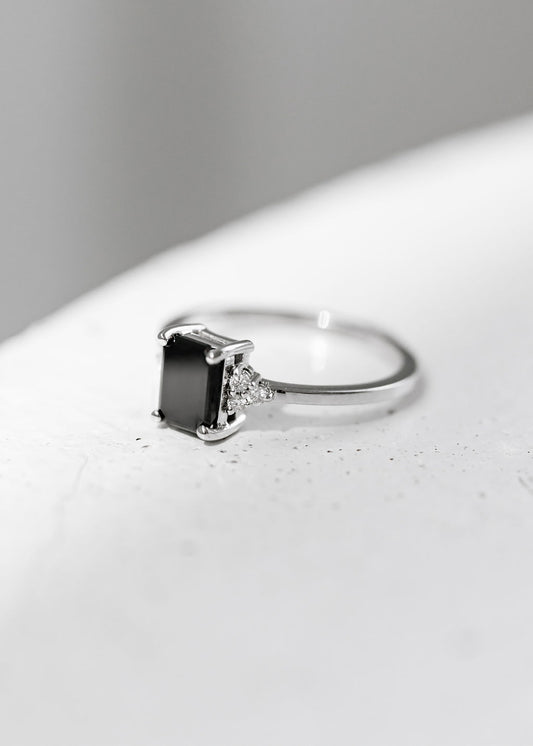 The Calisto Ring | .93ct Black Emerald Cut Diamond | White Gold