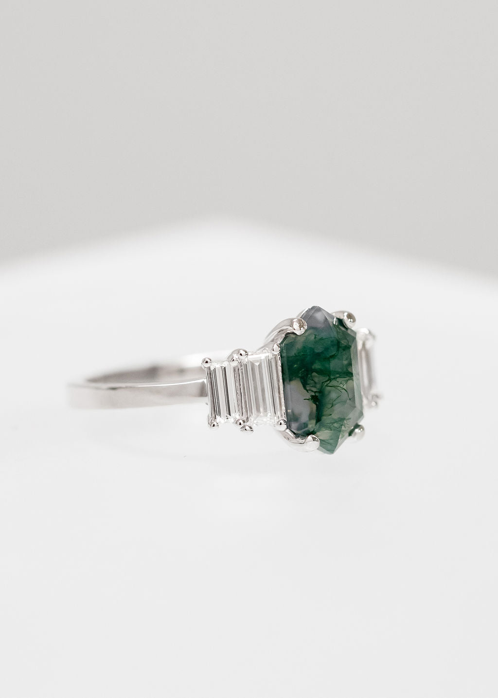 The Portia | 1.50ct Elongated Hexagon Moss Agate | White Gold