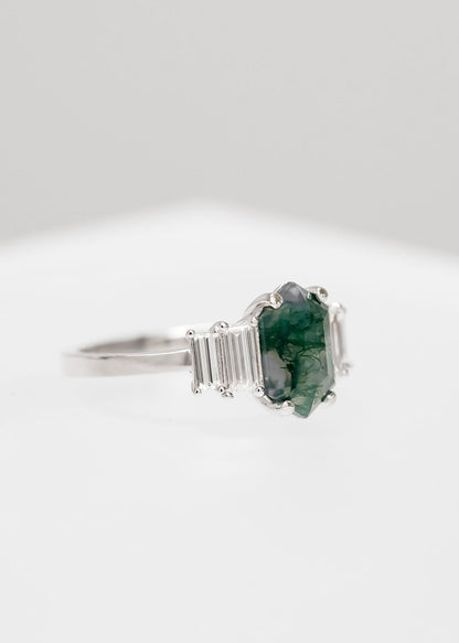The Portia | 1.50ct Elongated Hexagon Moss Agate | White Gold