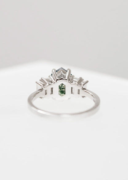 The Portia | 1.50ct Elongated Hexagon Moss Agate | White Gold