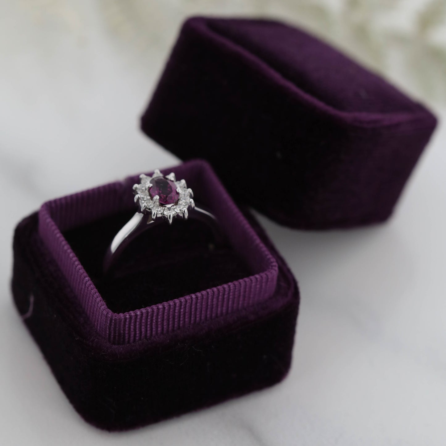 The Aurora | Platinum | White | Size 7 | Stone TSAV4 | Purple Ring Box | Custom Engraving:  +$0