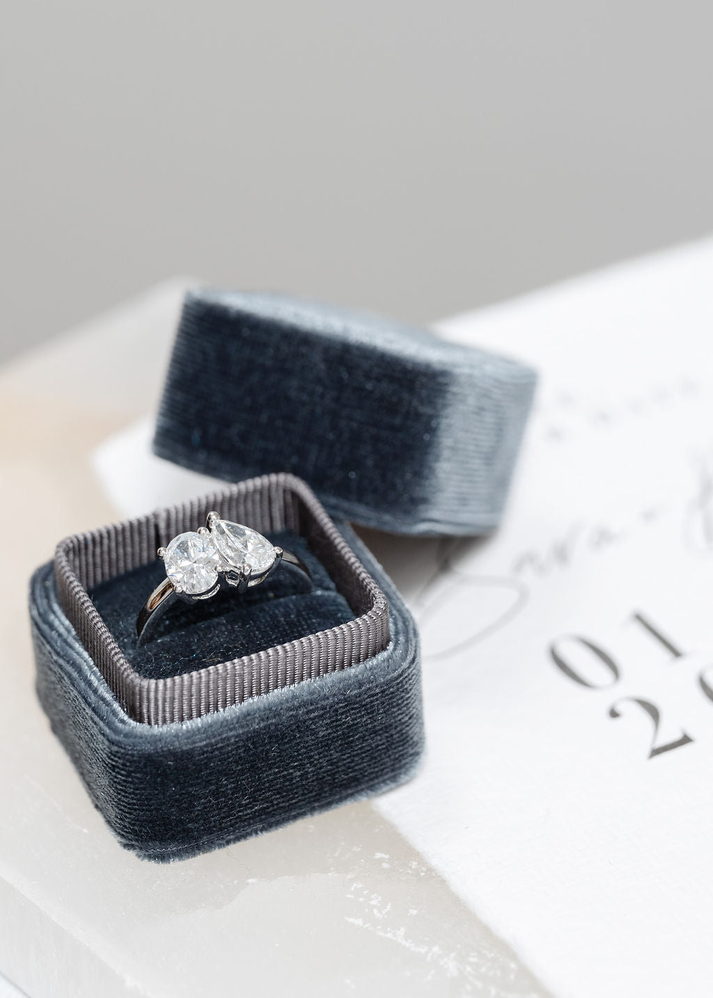 The Stella | Platinum | White | Size 6.25 | Stone Moissanite | Marquise | 11x5.5mm | Gray Ring Box | Custom Engraving:  +$0