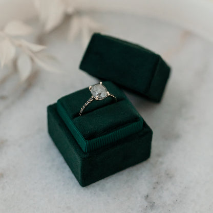 The Calisto | 14k | Rose | Size 10 | Stone Moissanite | Emerald | 8.5x6.5mm | Rainforest Ring Box | Custom Engraving:  +$0